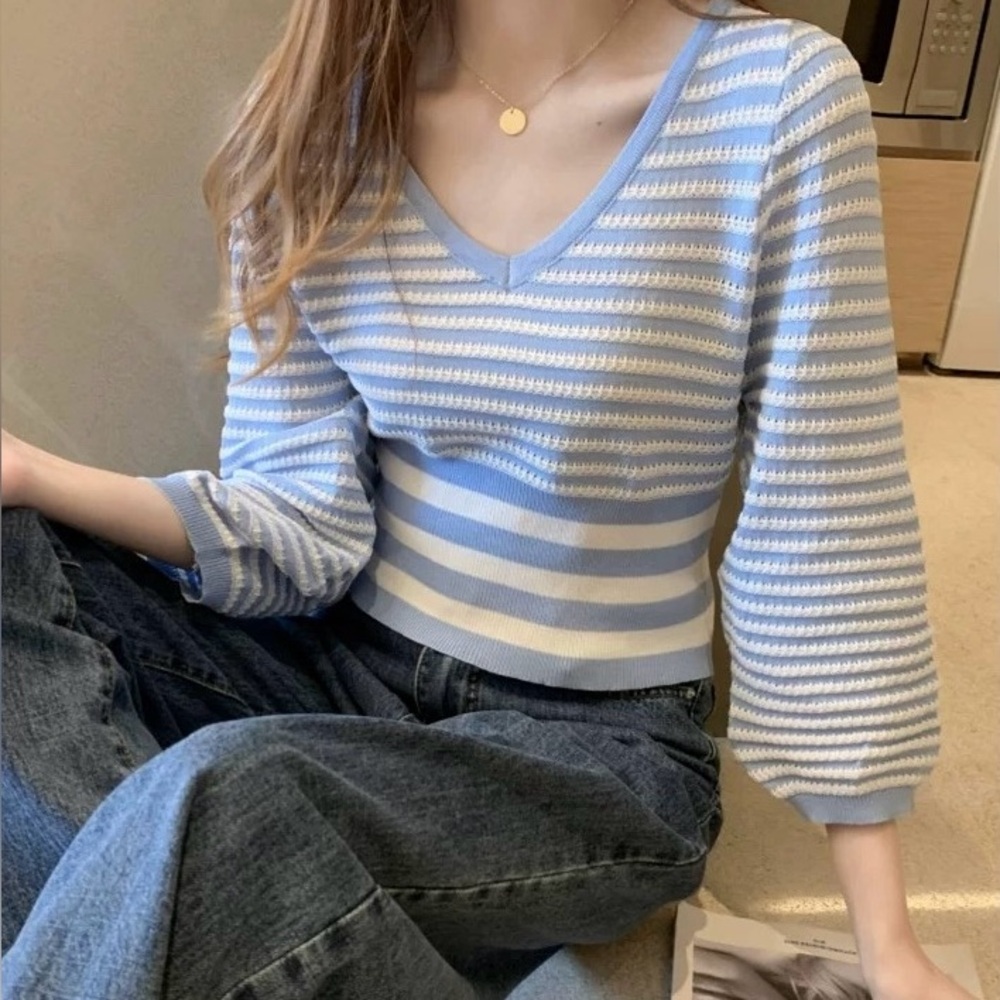3/$30 Chic Blue and White Striped Crop Top